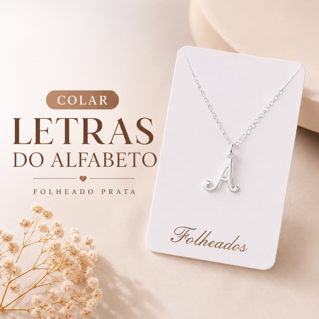 Colar Alfabeto Feminino Folheado a Prata com Inicial A ao Z Pingente Letra Delicado
