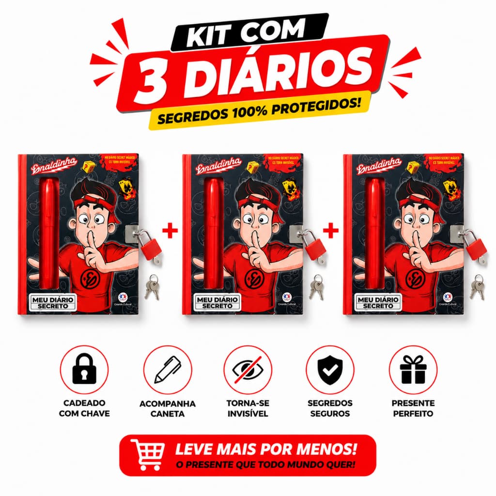 KIT 03 Livros Meu Diario Secreto Youtuber Enaldinho com Caneta Mágica e Cadeado