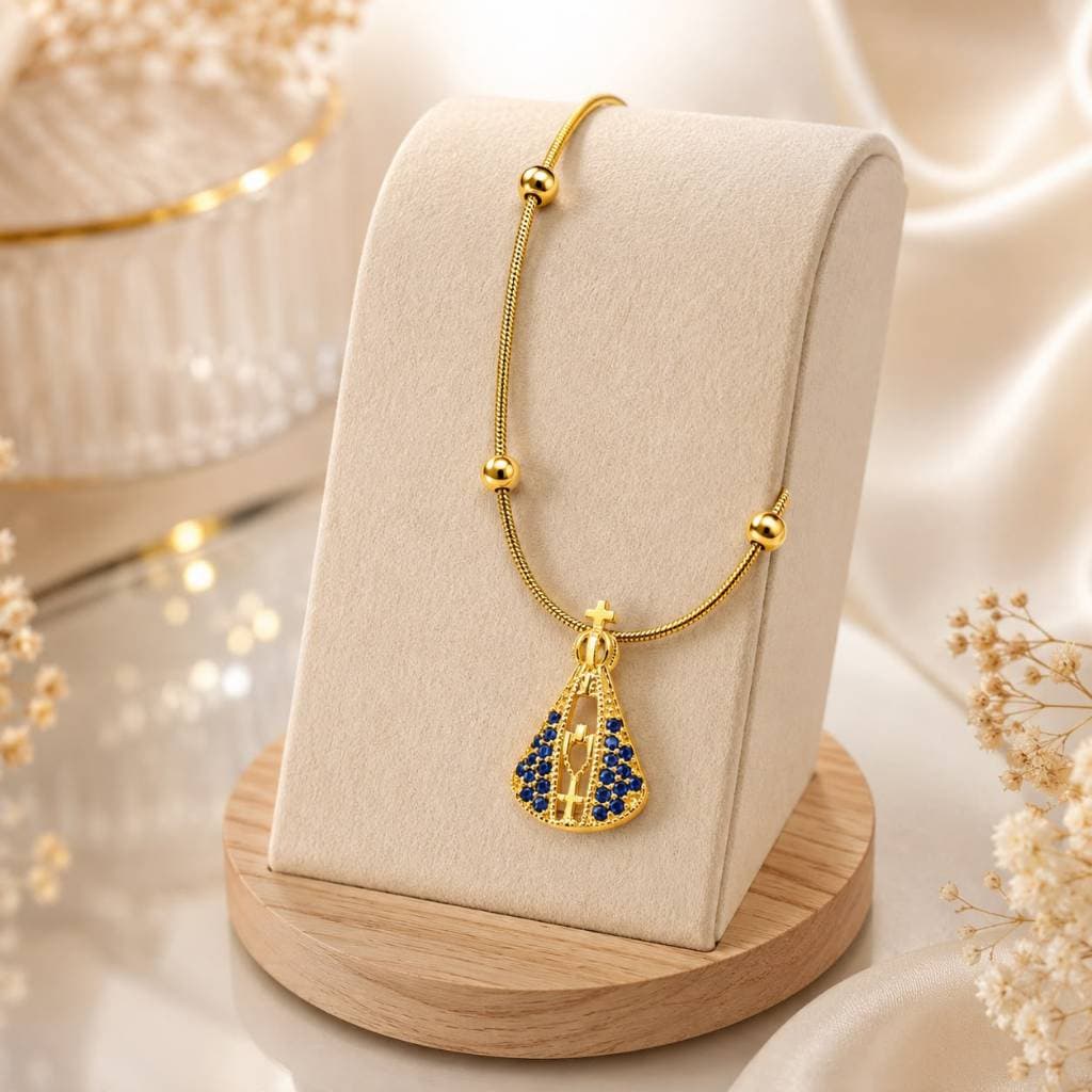 Pulseira Nossa Senhora Aparecida Feminina Aço Inox Dourada Ajustável Presente Católico