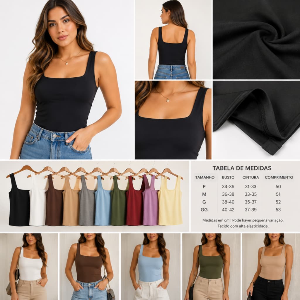 Blusa Regata  Feminina  Decote Quadrado Suplex Duplo Forro Básica Premium Moda Blogueira