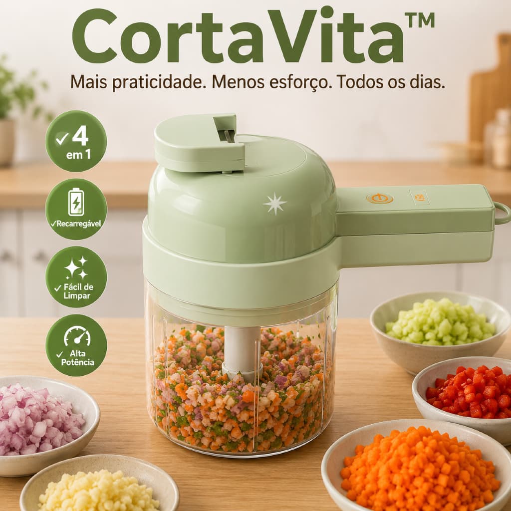 CortaVita™ | Triturador Elétrico Multifuncional 4 em 1 Recarregável para Alho, Legumes e Temperos