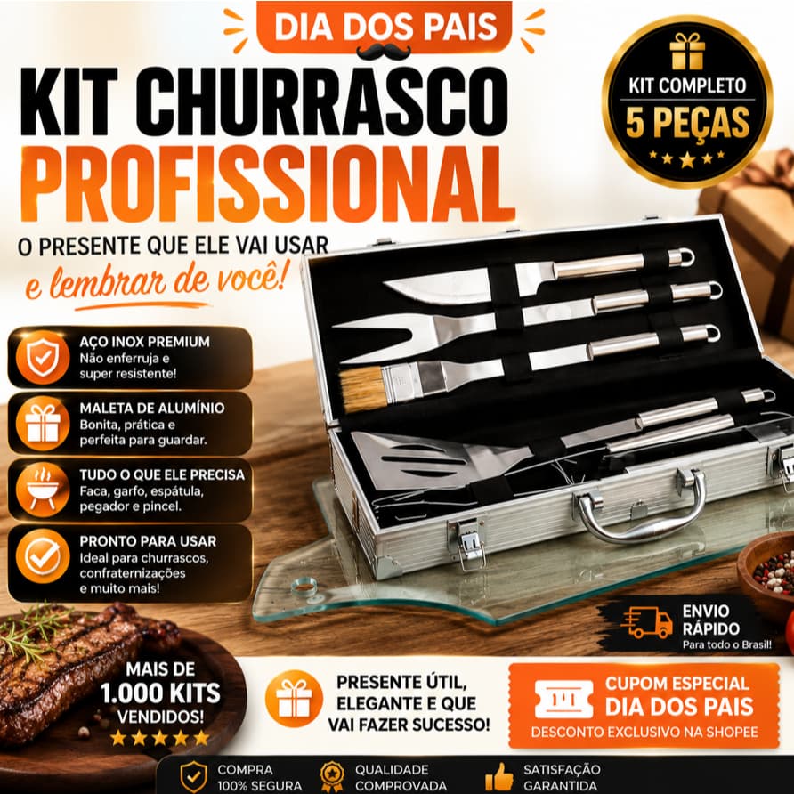 Kit Churrasco Profissional 5 Peças Inox Completo com Maleta Luxo  + Tábua de Carne Vidro Temperado