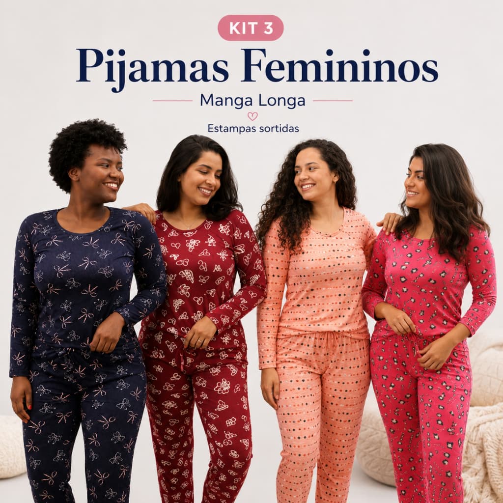 Kit 3 Pijamas Femininos Adultos Manga Longa Calça Comprida Estampas Sortidas P M G GG