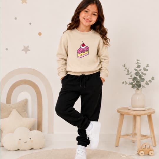 Conjunto Moletom Blusa e Calça Gola Careca Infantil Várias Cores Estampa Comida Bolo Cereja Fofo