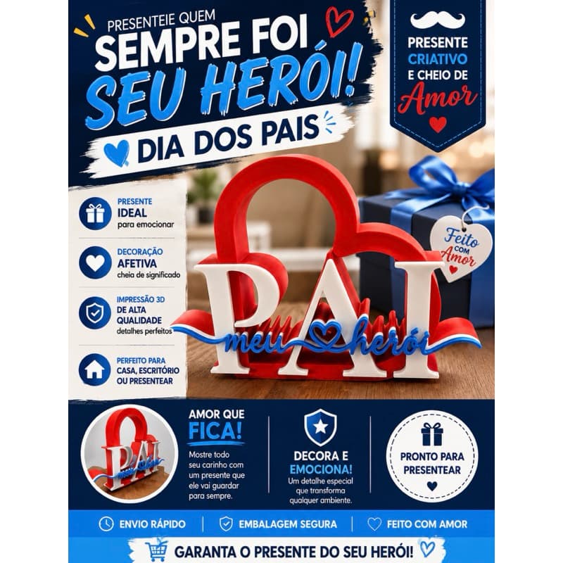 Presente Dia dos Pais Decorativo Pai Meu Herói | Enfeite de Mesa | Lembrança Criativa para Pai