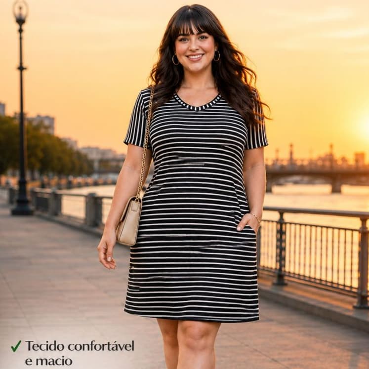 Vestido Pluz Size Feminino Com Bolso Listrado , Preto, Estampado e Vestido Evangélico GG ao G3 Tecido Viscolycra