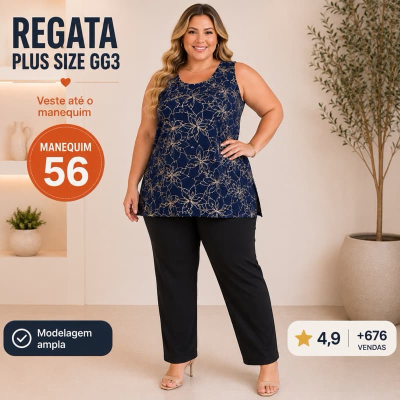 Regata Plus Size GG3 Feminina Malha Fria Veste Até 56 Blusa Soltinha Estampada Verão