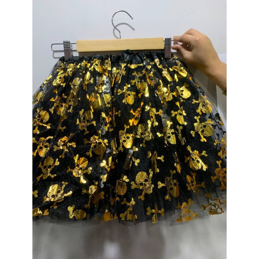 Saia Tutu Feminina Tule Halloween Caveira Dourada Bruxinha Colorida Cintura Elástica Fantasia Festa INFANTIL 10 AO 16