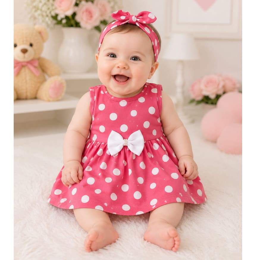 Vestido Bebê Menina Poá Bolinha RN a 6 meses 100% Algodão Roupa de Princesa Passeio