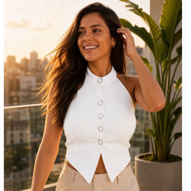 Cropped verão 2026 tendência Neoprene premium Botão
