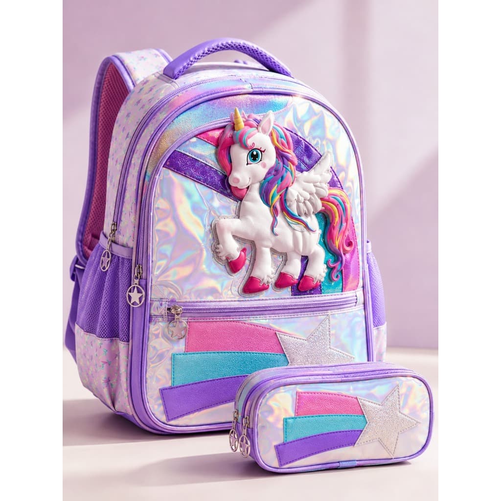 Kit Mochila Escolar Infantil Unicórnio 3D Feminina 16" com Estojo Duplo Holográfica Premium