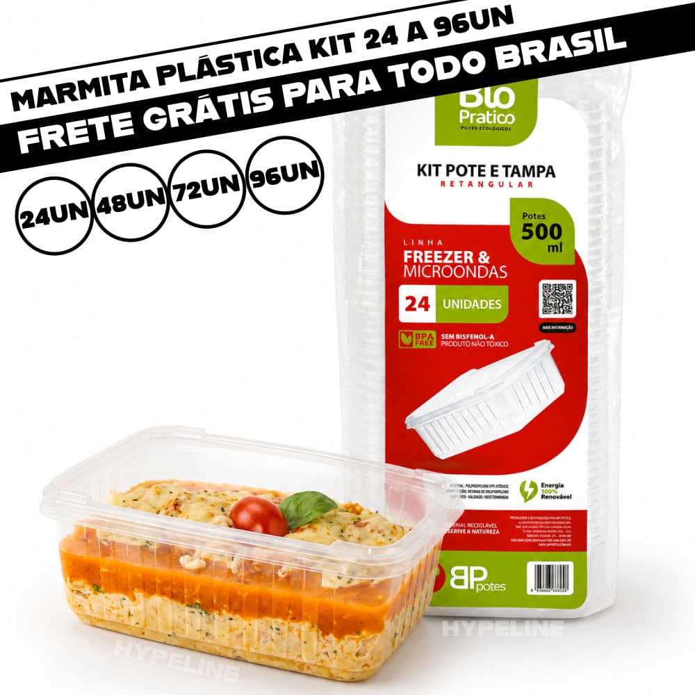 Kit 24 a 96 Potes Plásticos 500ml Com Tampa Marmita Delivery Freezer Microondas BPA Free