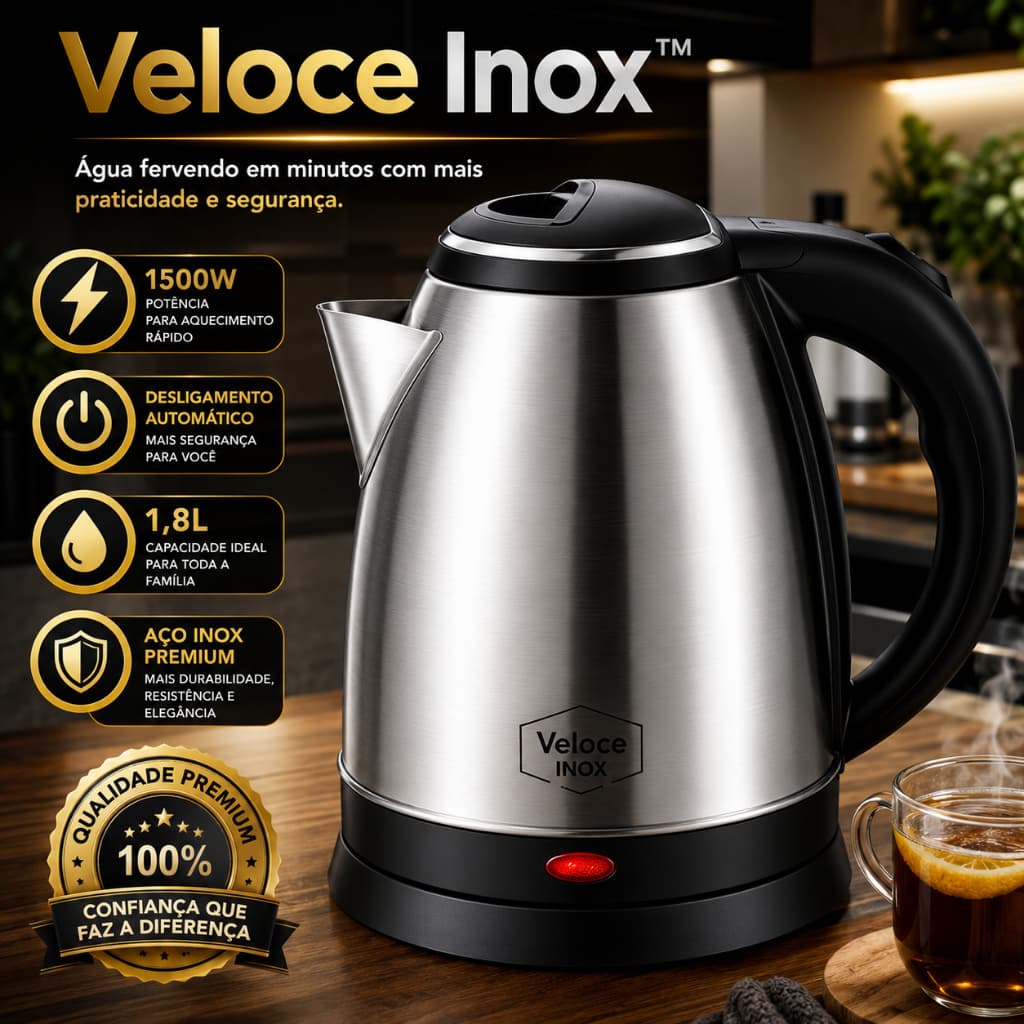 Chaleira Elétrica Inox 1,8L 1500W Desligamento Automático Base 360° Tampa com Trava 220V Veloce Inox
