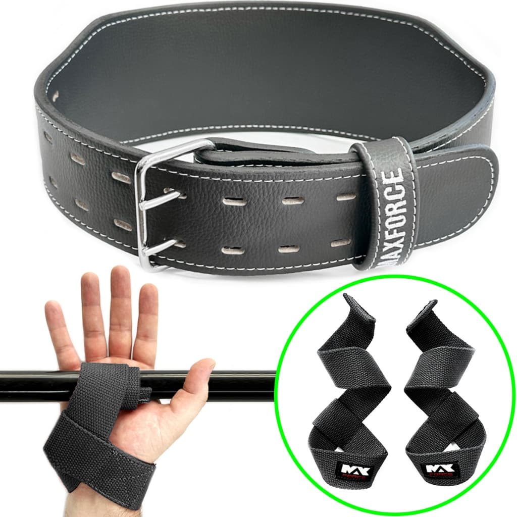 Cinturão Couro + Fita Strap Academia Treino Musculação Max Force