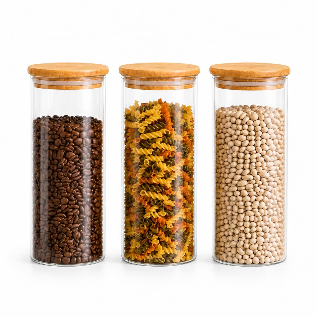 Kit 3 Potes De Vidro Hermético Tampa Bambu 1000ml Redondo Vedação Silicone Mantimentos Alimentos Cozinha Temperos