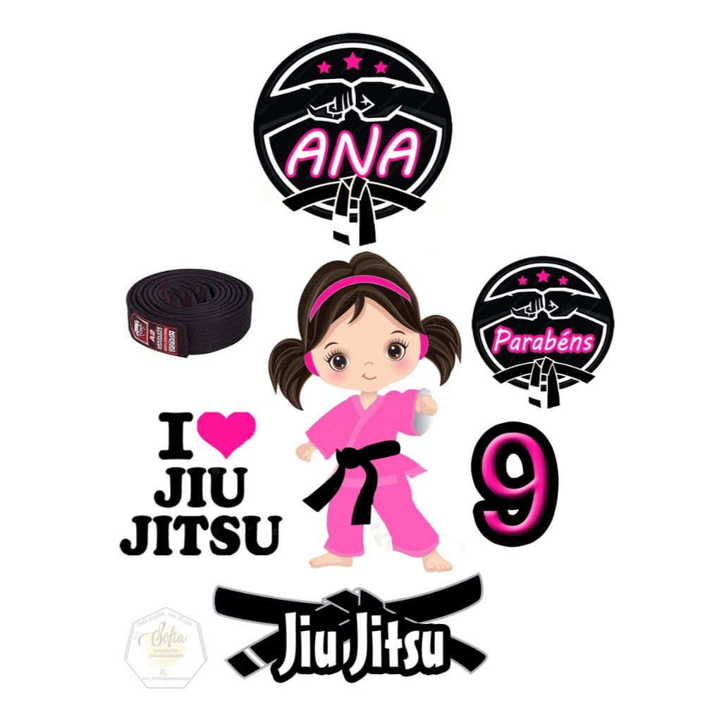 Topo de bolo Jiu Jitsu faixa preta kimono rosa topper personalizado
