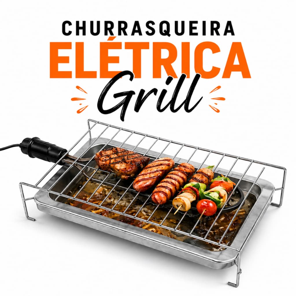 Churrasqueira Elétrica Portátil com Grelha Inox Portátil Com bandeja coletora