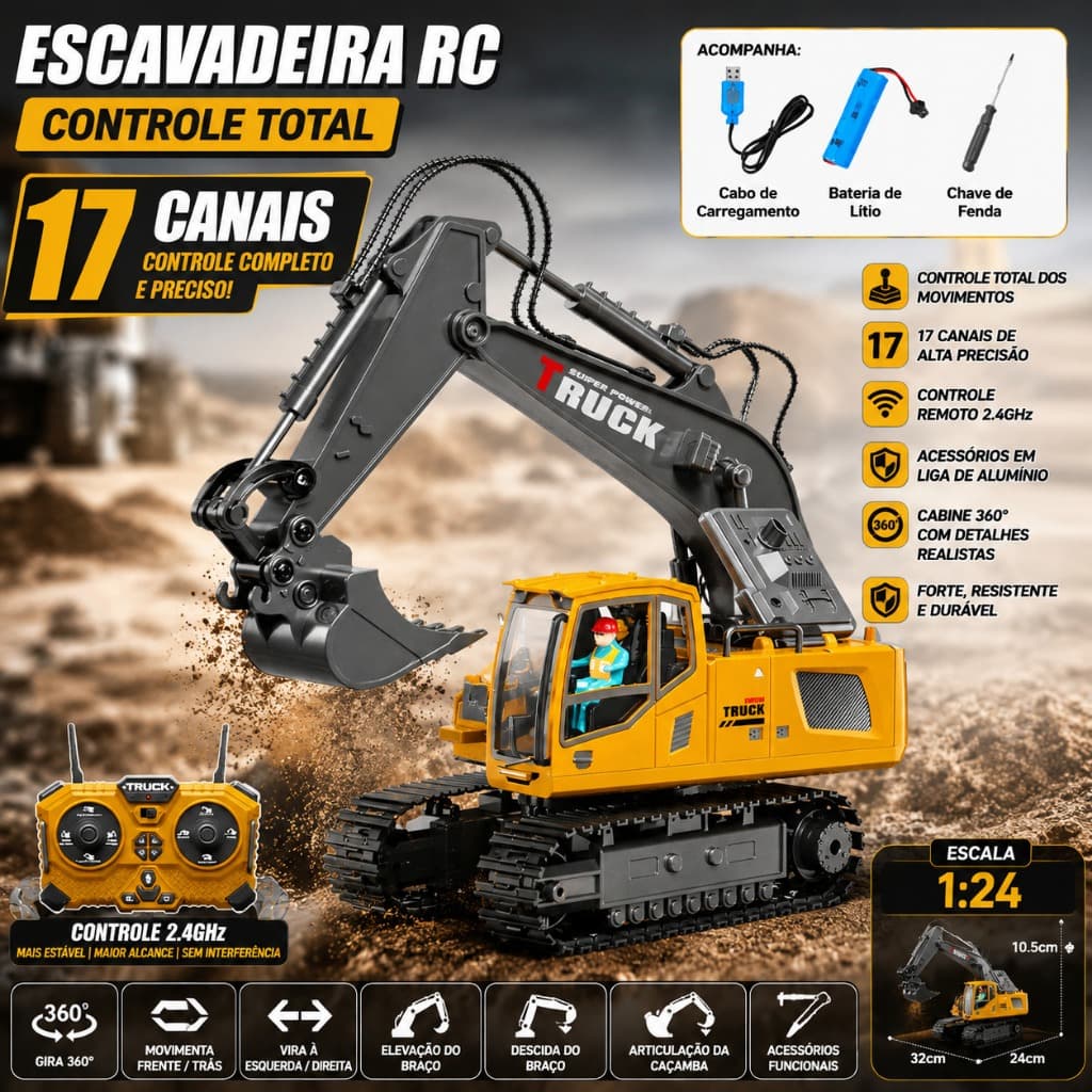 Escavadeira RC Controle Remoto Liga Metálica com Luzes Sons 17 Canais Infantil  Outras opções:
