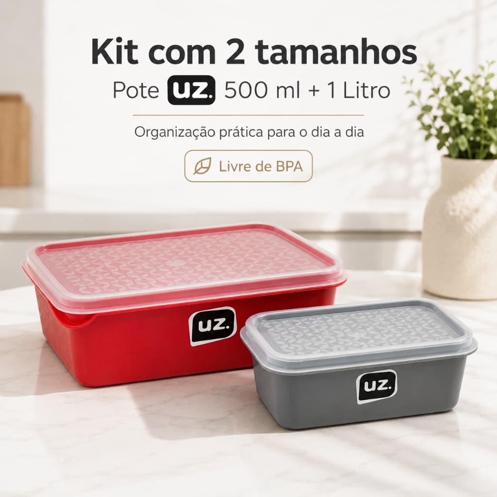 Kit 2 Potes Plásticos UZ com Tampa – 500 ml e 1 Litro