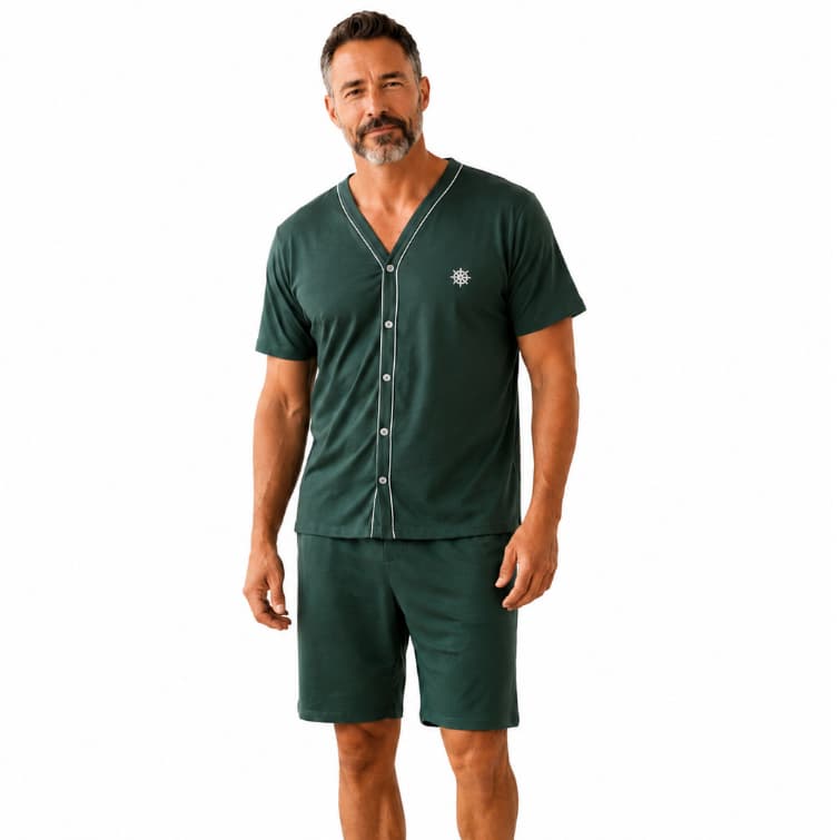 Pijama Masculino Aberto na Frente Curto Meia Manga Pós Cirúrgico Confortável Prático