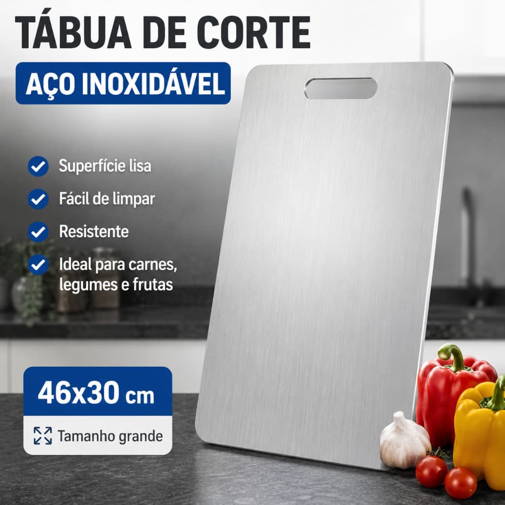 Tábua de Corte em Aço Inoxidável 46x30cm com Alça para Cozinha Carnes Frutas Legumes