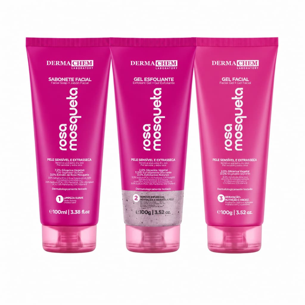Kit Skincare Dermachem Rosa Mosqueta Rotina Completa CLAREADOR HIDRATANTE E PELE MACIA