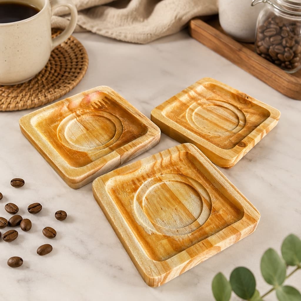Kit Jogo 4 Pires de Madeira Quadrado Porta Xícara Café Chá Descanso de Copo
