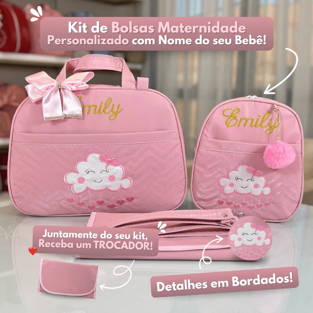 Kit Bolsa Maternidade para Menino e Menina completo com Nome Personalizado G+M Tema Sonhos/Nuvem/Céu