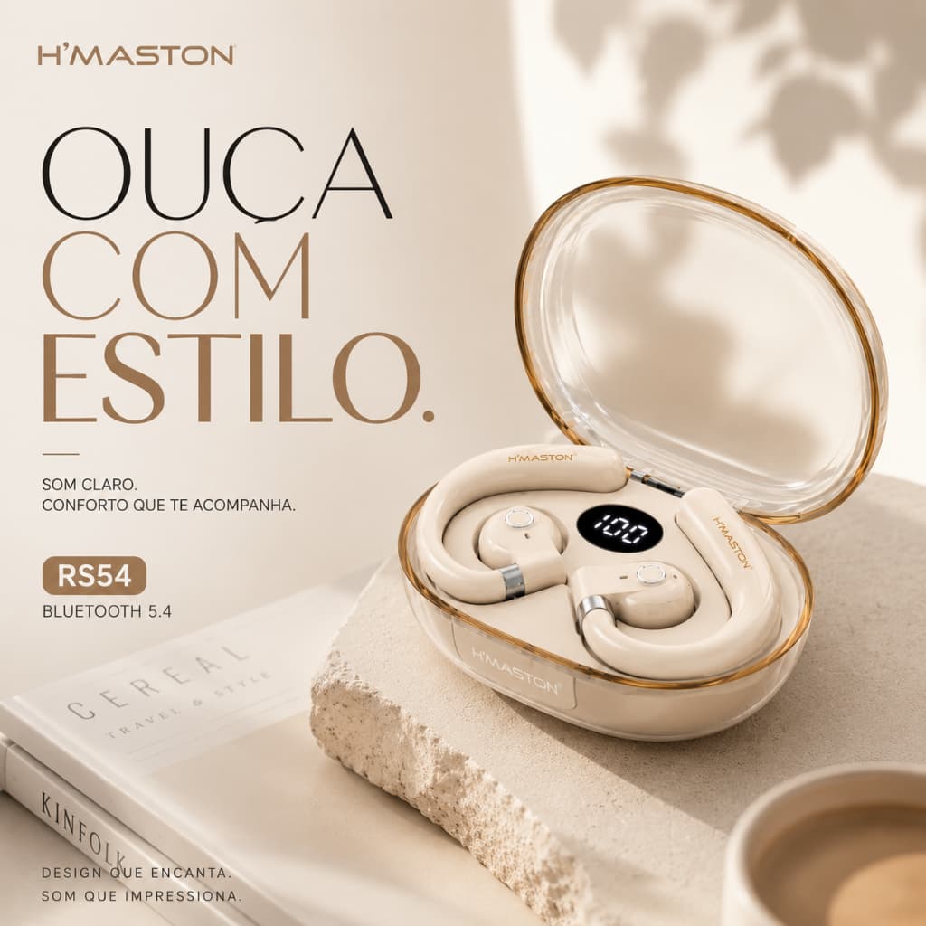 Fone Bluetooth H'Maston RS54 Condução Acústica Sem Fio TWS Bluetooth 5.3 Display LED HD Microfone Esportivo Resistente
