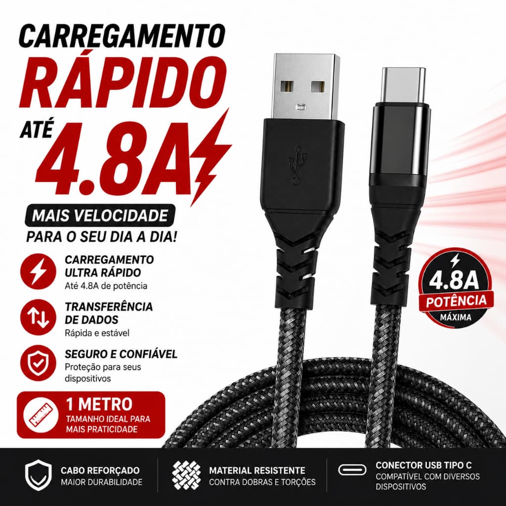 Cabo Carregador USB Tipo C 4.8A 1 Metro