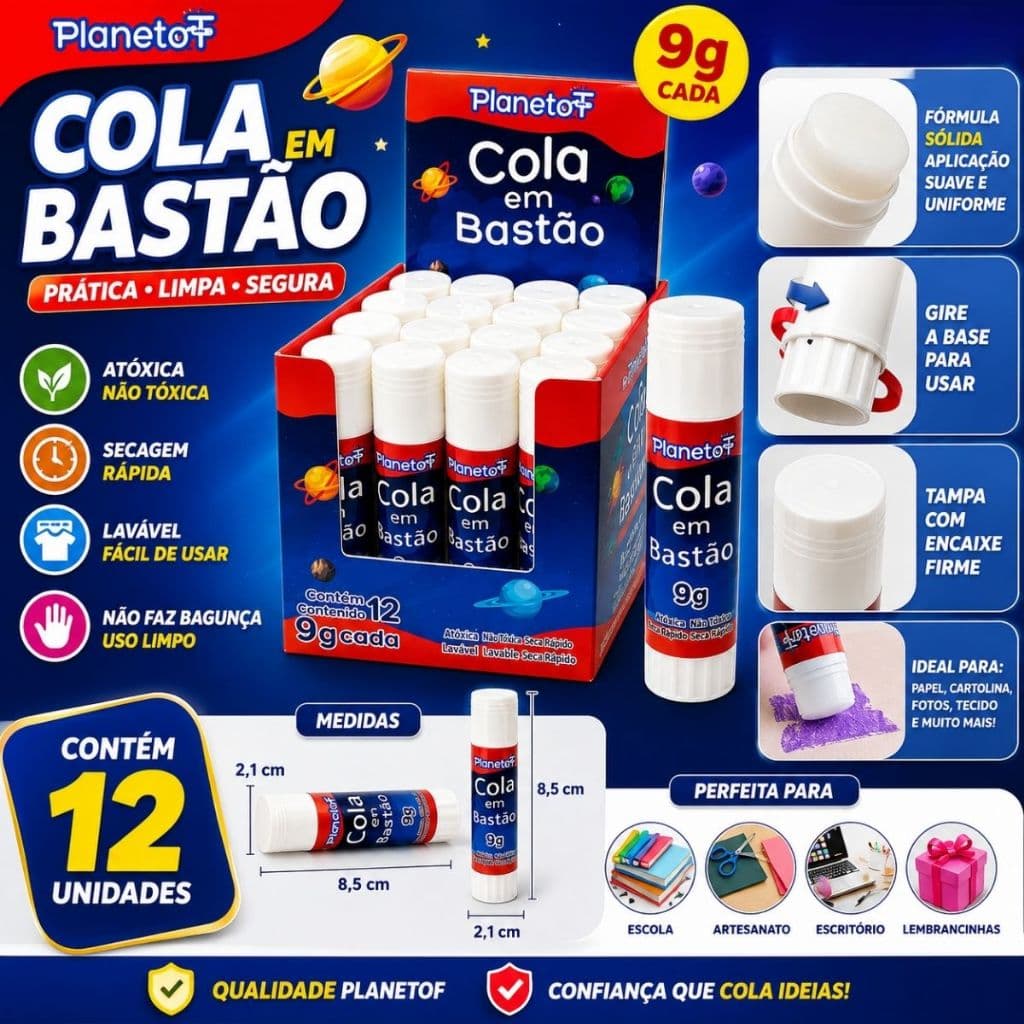 Kit 12 Unidades Cola Em Bastão 9g Secagem Rápida E Alta Fixação Cola Branca Escolar