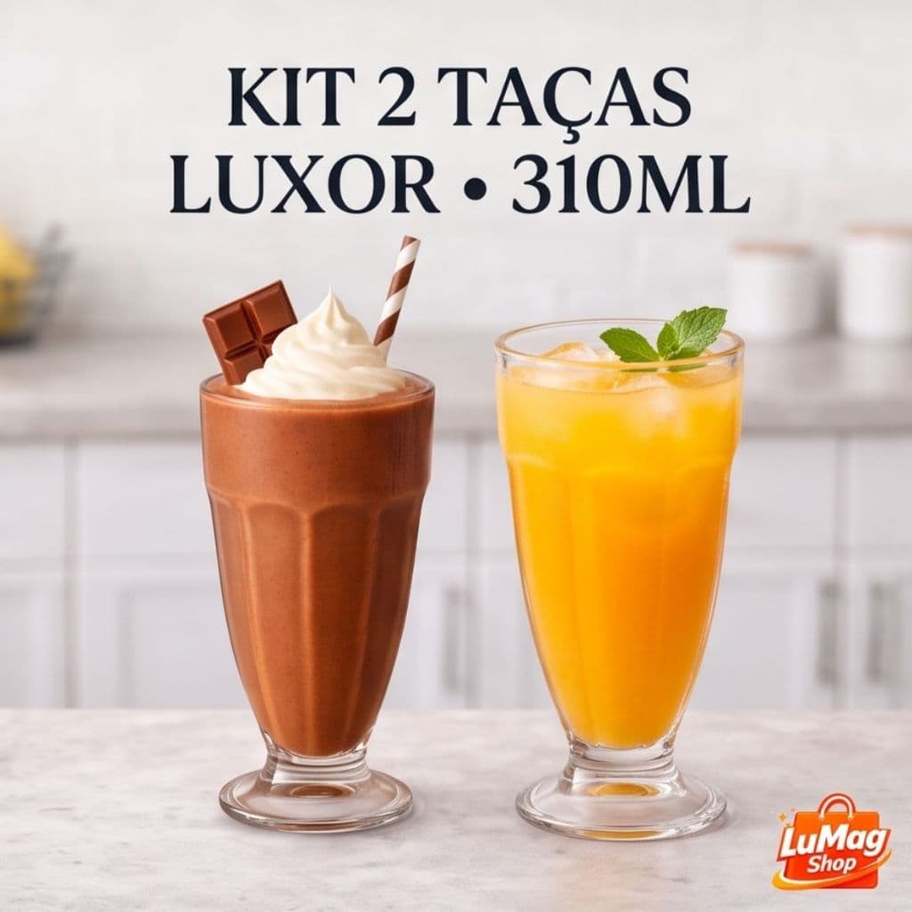 Conjunto 2 Taças de Vidro Luxor 310ml para Milk Shake Suco Drinks Sobremesa Transparente Fratelli