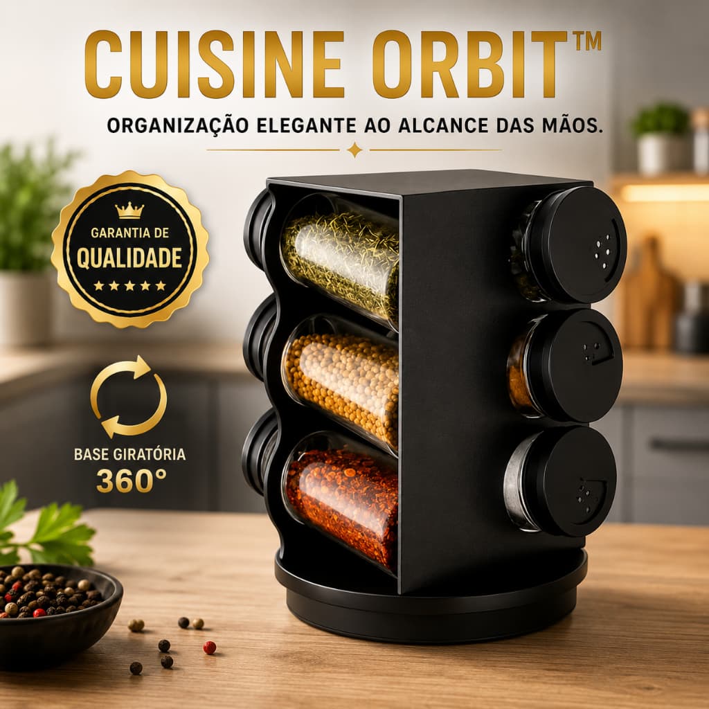 Porta Temperos Giratório 6 Potes 80ml Organizador de Condimentos Plástico Preto 360° Cuisine Orbit