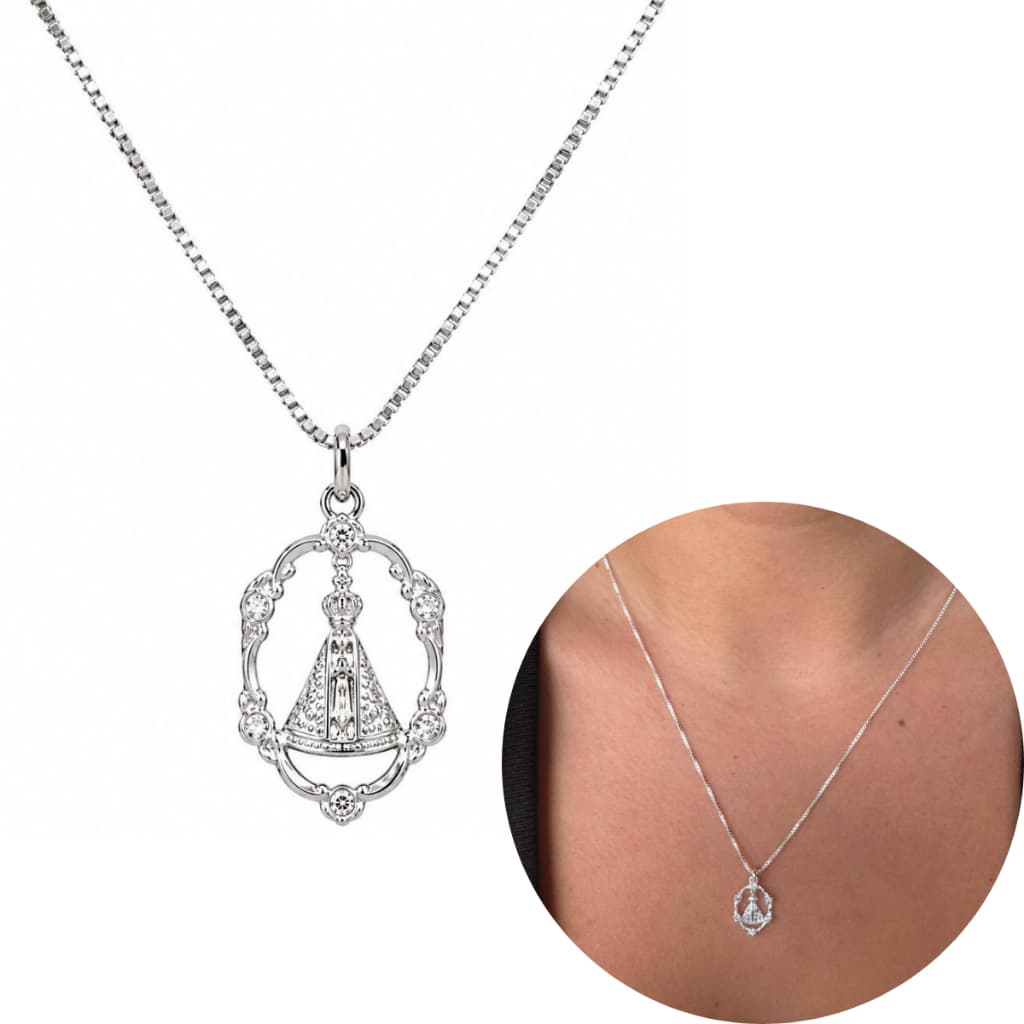 Corrente Veneziana Prata 925 Original + Pingente Nossa Senhora Aparecida Colar Feminino Cravejado