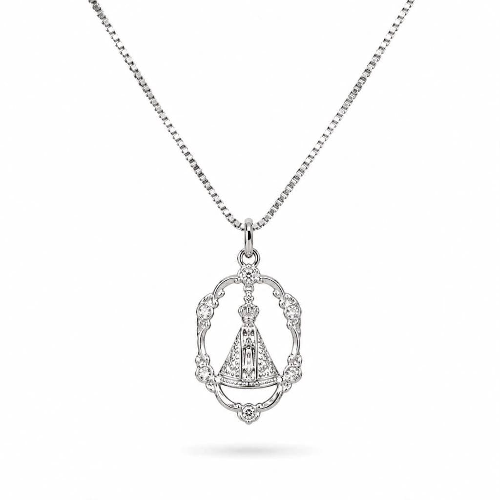 Colar Nossa Senhora Aparecida Prata 925 Original Corrente Veneziana 45cm + Pingente Cravejado