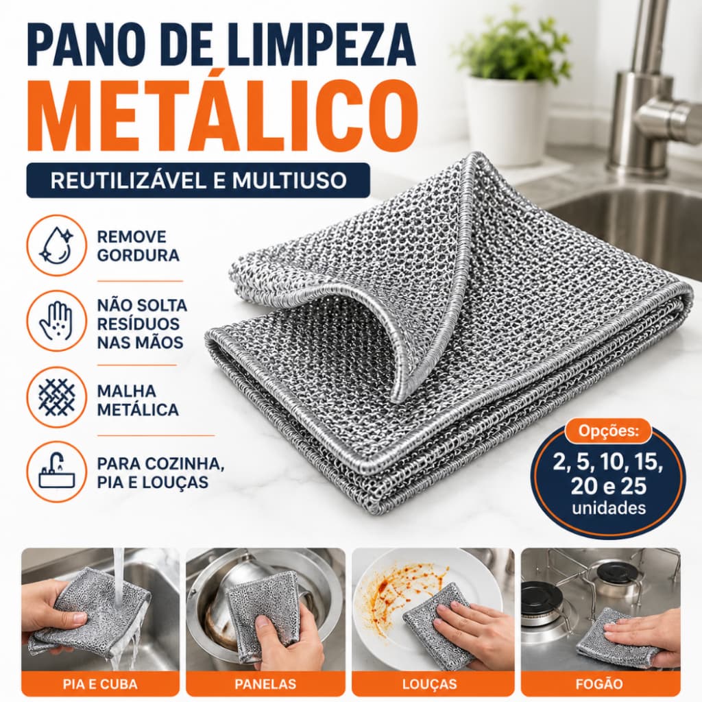 Kit Pano de Limpeza Multiuso Metálico Reutilizável Anti Gordura para Cozinha Louças Fogão e Panelas