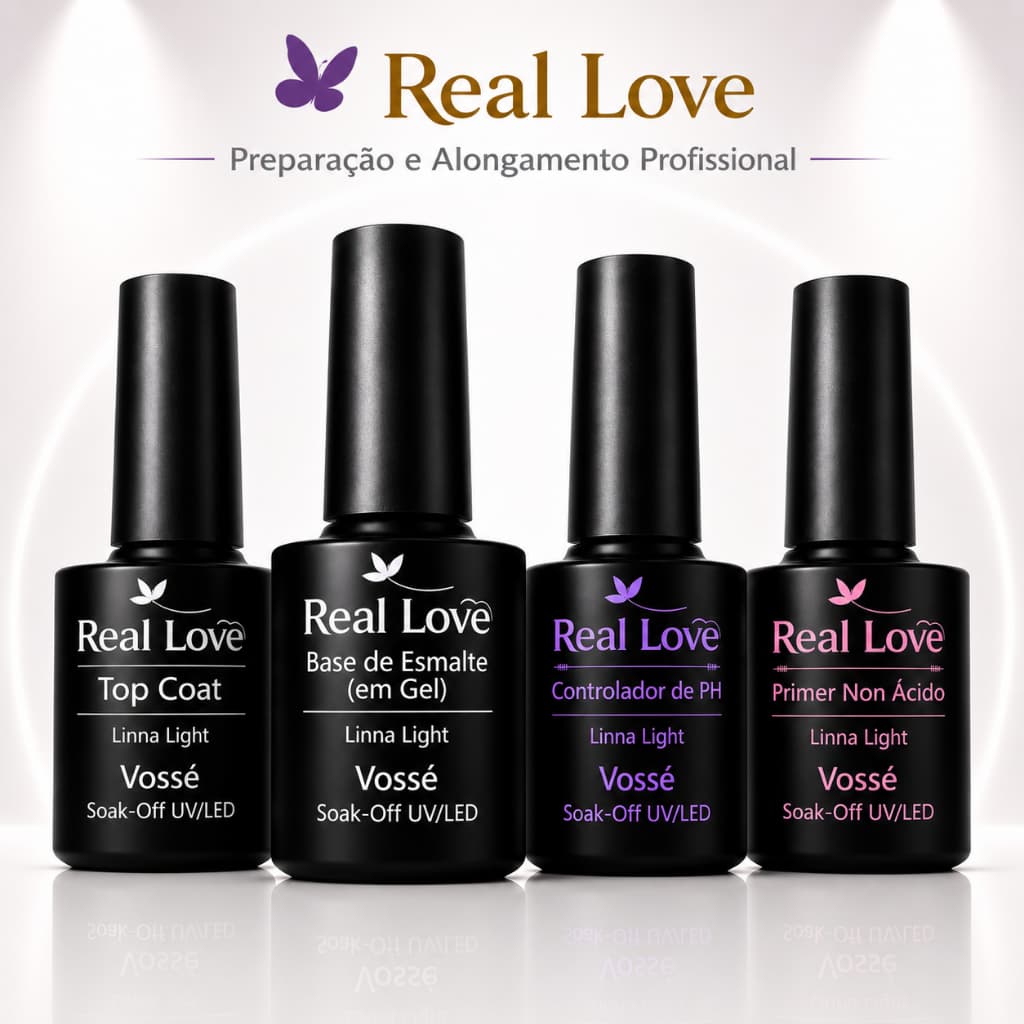 Kit Blindagem Preparadores Unha Em Gel Real Love 8ml - Primer Base em Gel Top Coat Controlador de PH