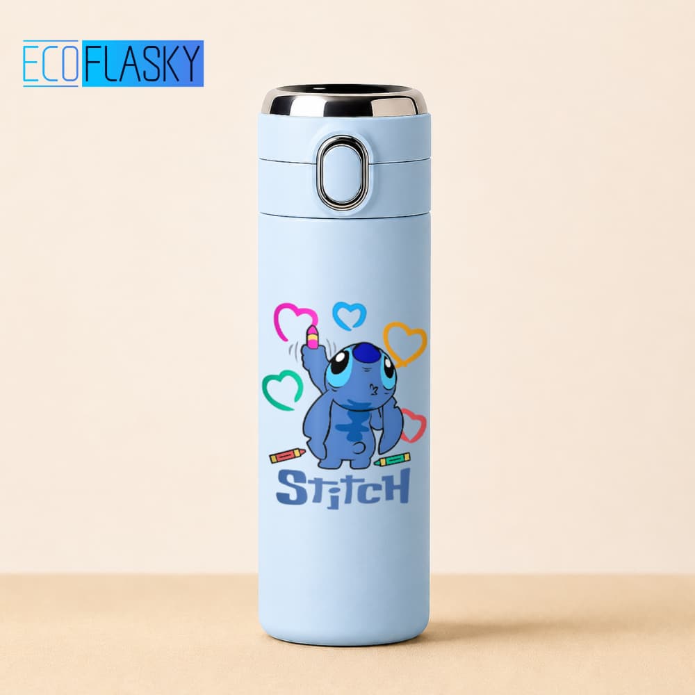 Garrafa Térmica Infantil Stitch De Aço Inoxid[avel Estampada com Termometro LED Digital 420ml