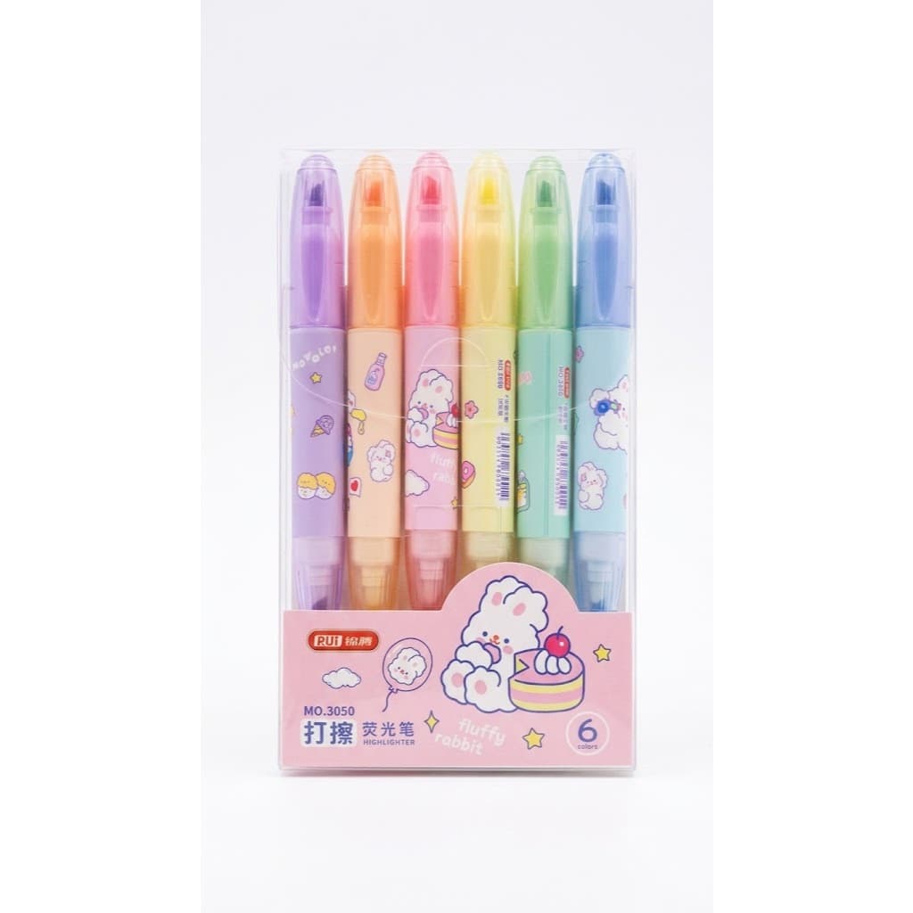 Kit de marca texto com 6 cores estilo fofo de coelho apagável