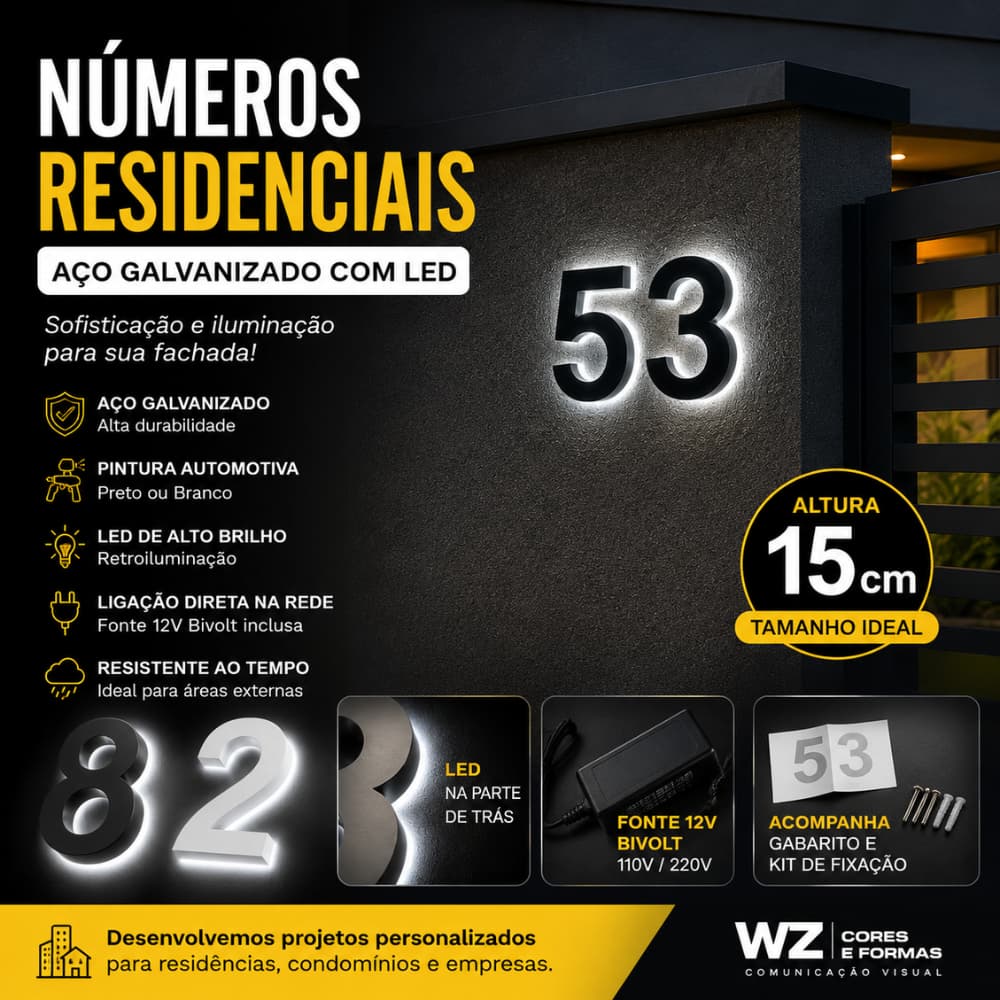 Número para casa, número residencial, número moderno com led, número para casa 15cm em galvanizado