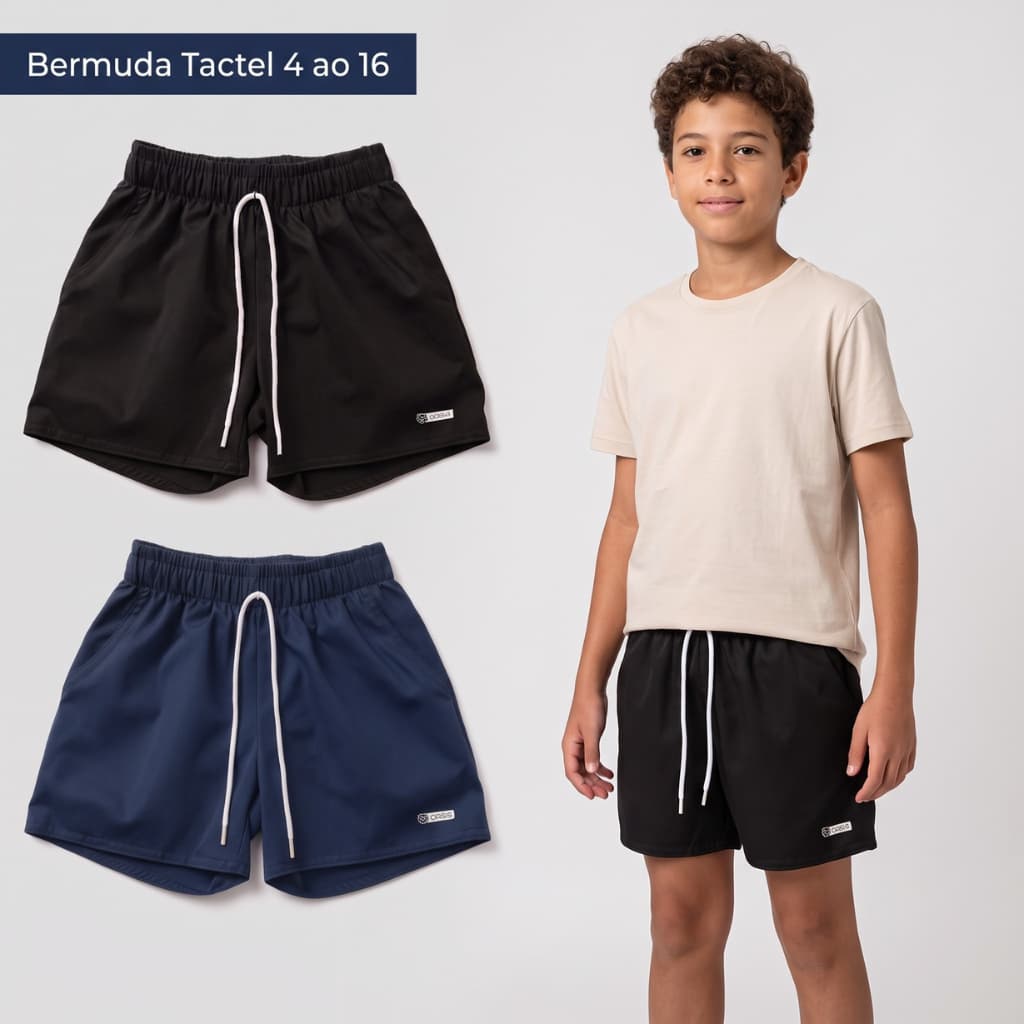 Bermuda Infantil Menino Tactel com Elastano Short Verão Juvenil 4 a 16 anos Com Cordão e Bolsos Masculino