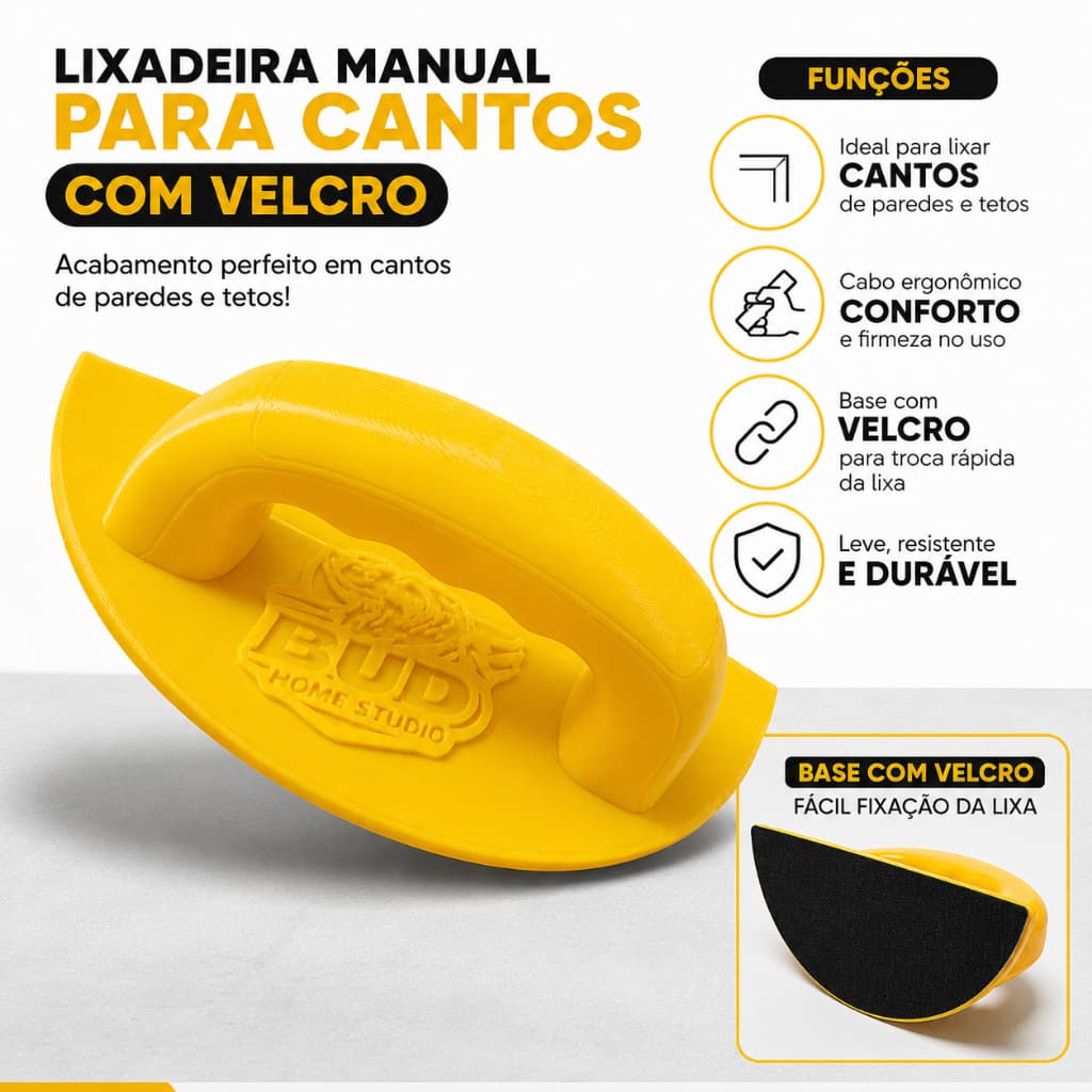 Lixadeira Manual Meia Lua com Velcro para Lixa | Ideal para Cantos de Parede Desempenadeira Lixa Fácil