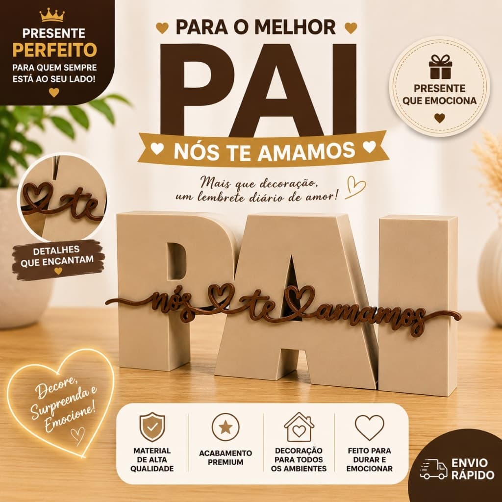 Presente Dia dos Pais Decorativo PAI Nós Te Amamos Enfeite de Mesa Sala Quarto Escritório 17x7cm