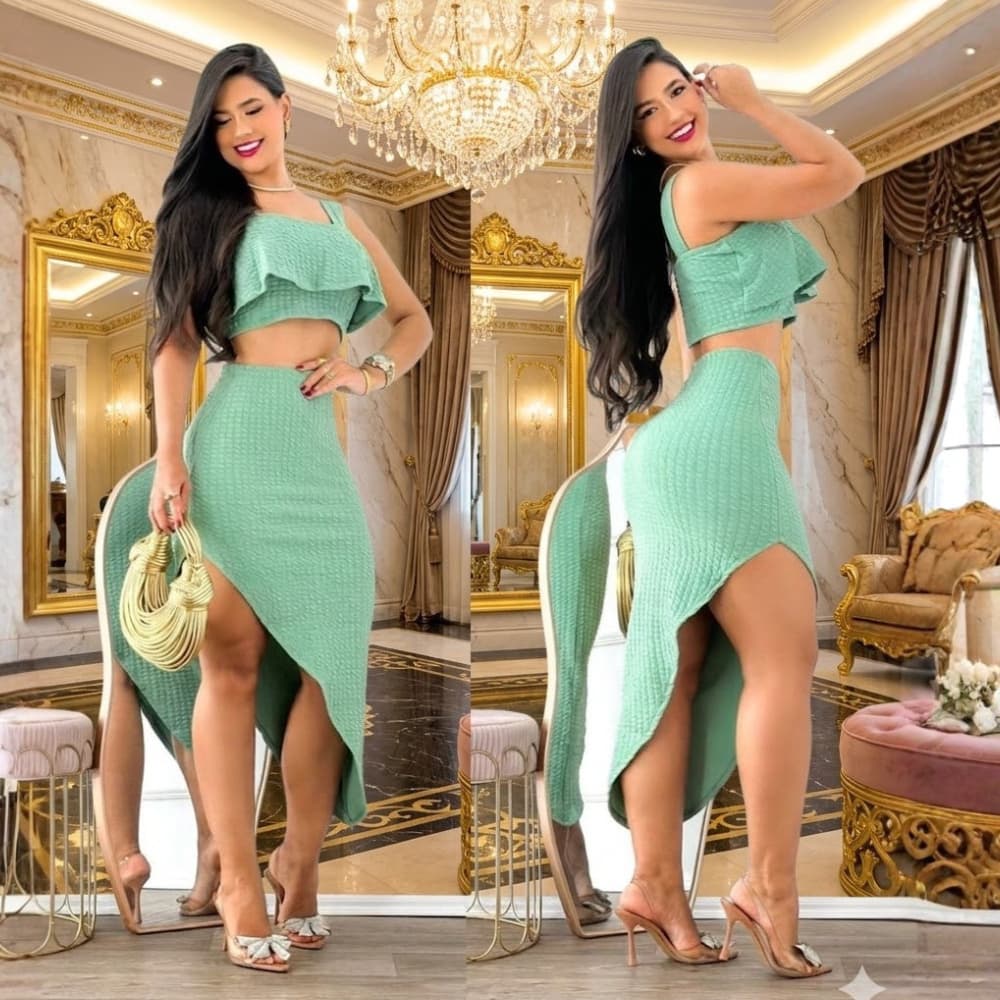 Conjunto Feminino Malha Bubble Premium | Cropped com Bojo, Alças e Babado + Saia Assimétrica em V | Moda Blogueira Elega