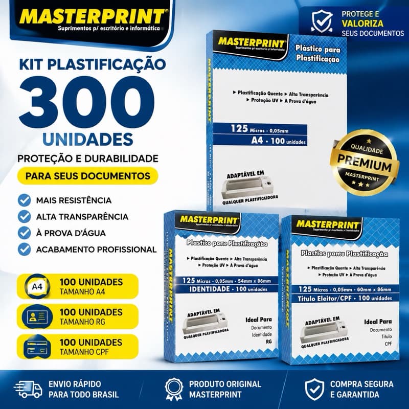 Kit Plastificação 300 unidades A4 100un + RG 100un + CPF 100un 125 Micras 0,05mm Masterprint