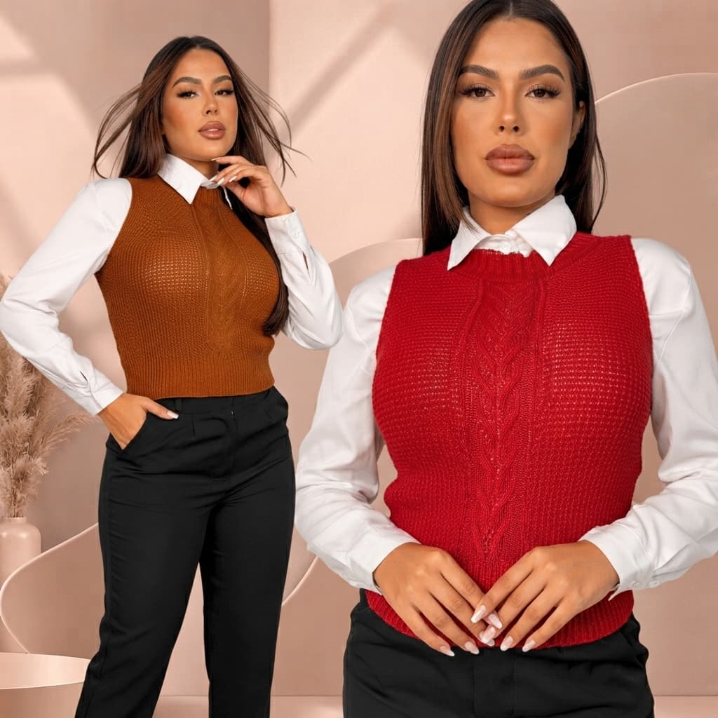 Colete Feminino Tricot Trançado Pullover Elegante Moda Inverno Luxo Blogueira Blusinha Sem Manga