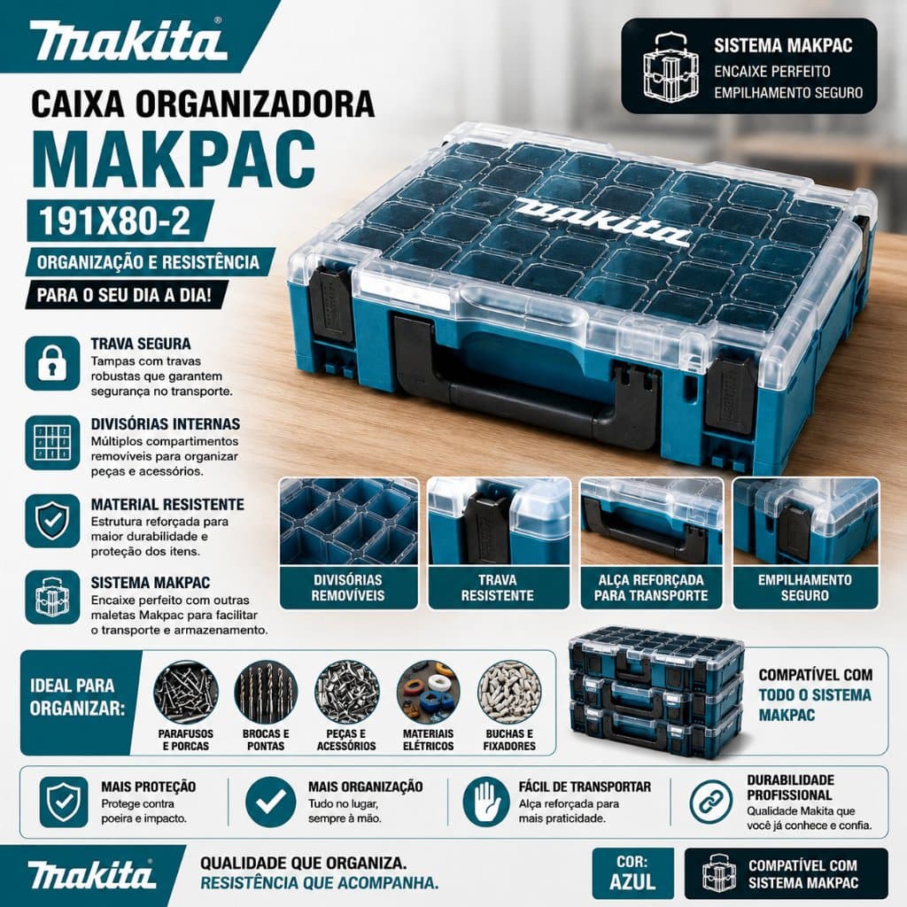 Caixa Organizadora Makpac 191x80-2 Makita Cor Azul