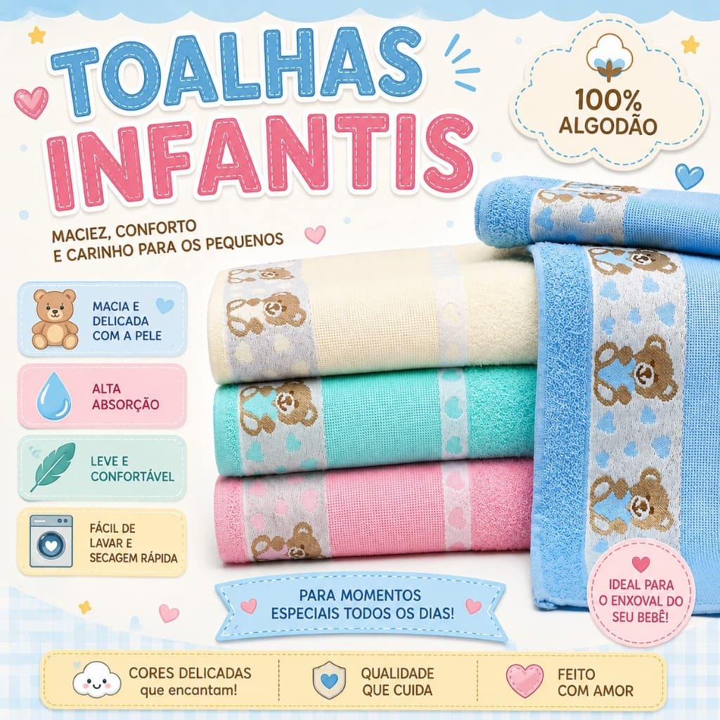 Toalha de Banho Infantil com Desenho para Bordar Barra com Desenho