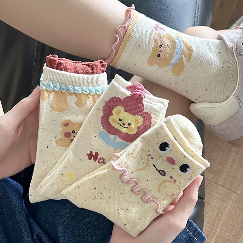 3/6/12 Pares Meias Femininas Cano Médio Algodão Estampadas Fio Mesclado Kawaii Confortáveis Moda Casual