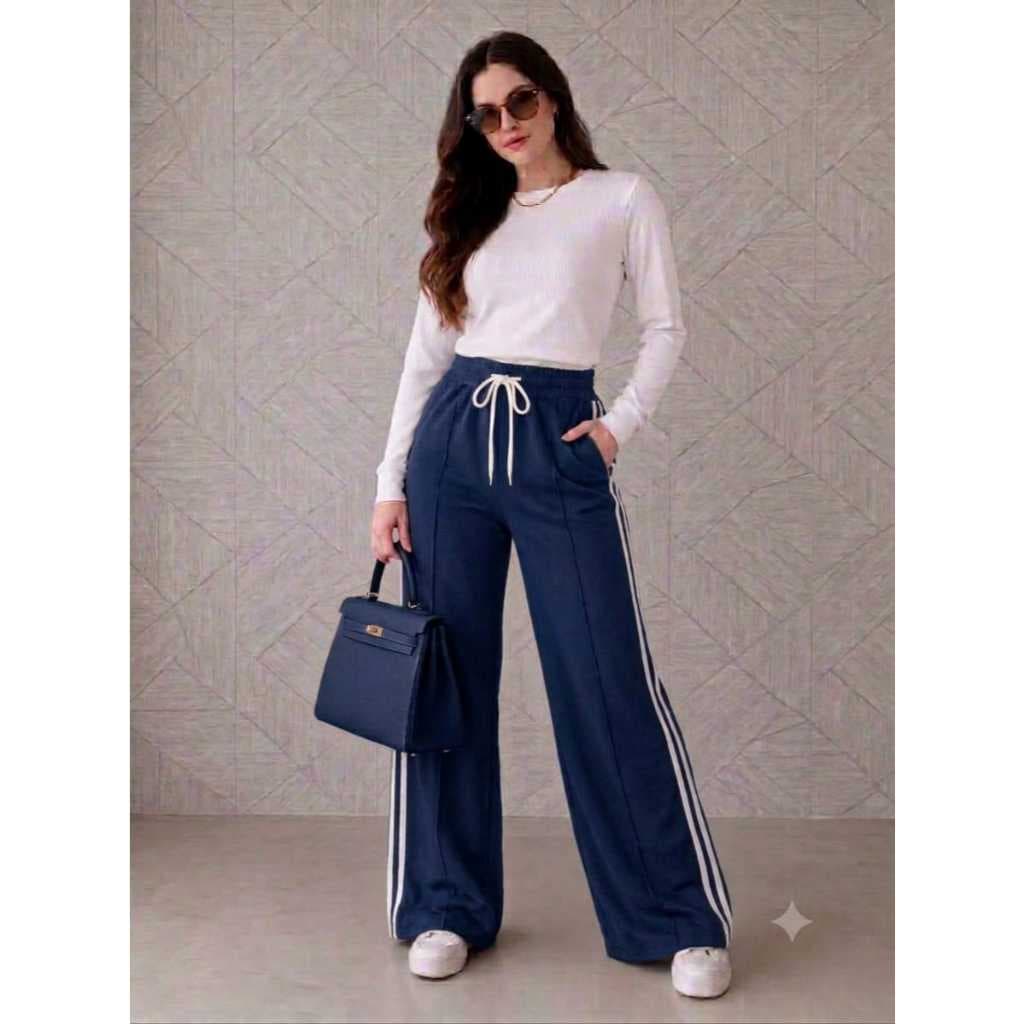 Calça Feminina Panalona/Com Bolsos/Listras Laterais/Cos Alto/Caimento Perfeito/Tecido Duna
